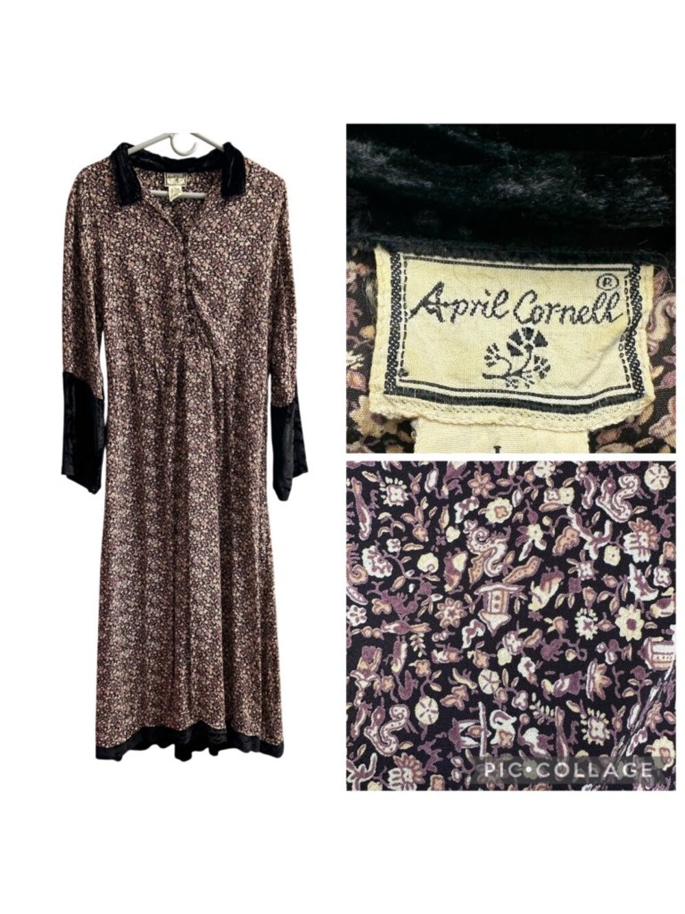 April Cornell Vintage Dress Sz L Dark Ditsy Velvet Trim Witchy Cottagecore 90s